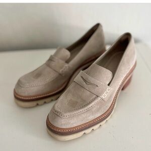 Bernardo Selma Stacked Heel Loafers in Clay Split Suede, Size 8